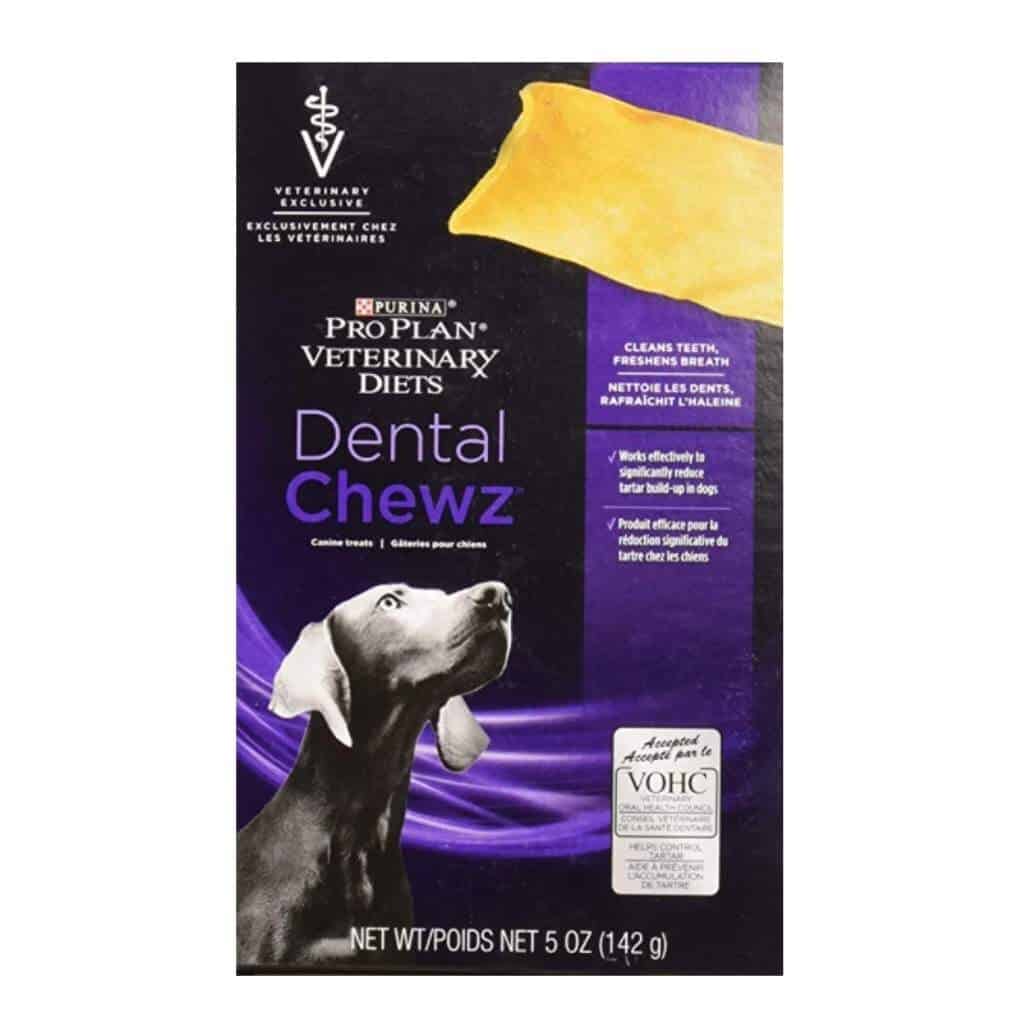 a box of purina dental chewz recommended by the vet for plaque and tartar