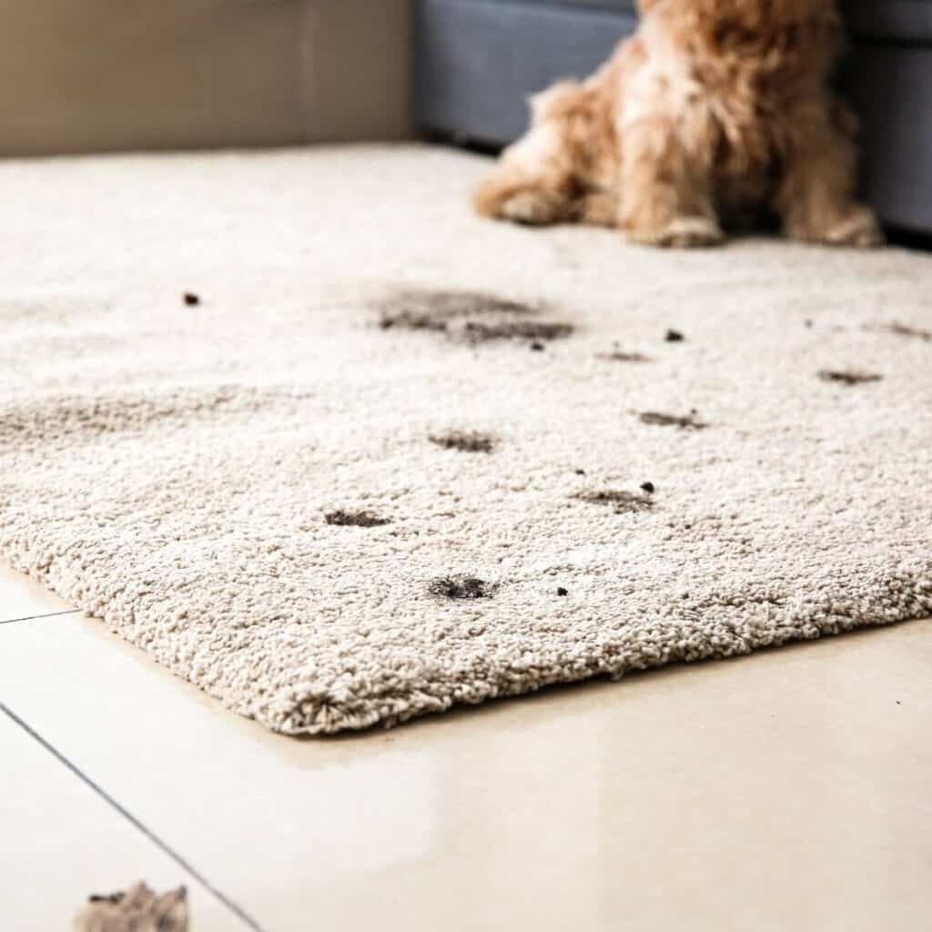 mud tracks from dirty dog on rug