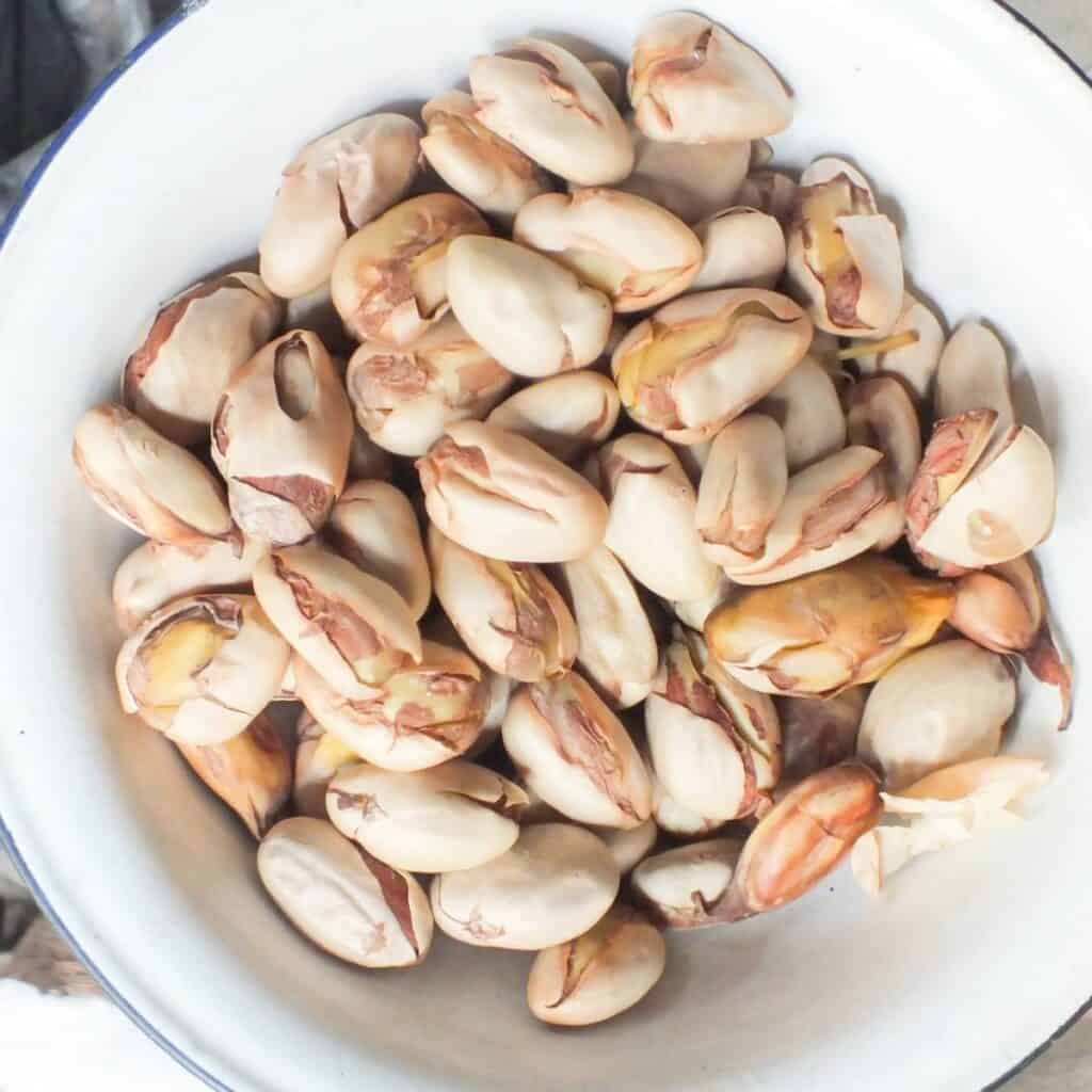 top shot of jackfruit seeds in a white bowl