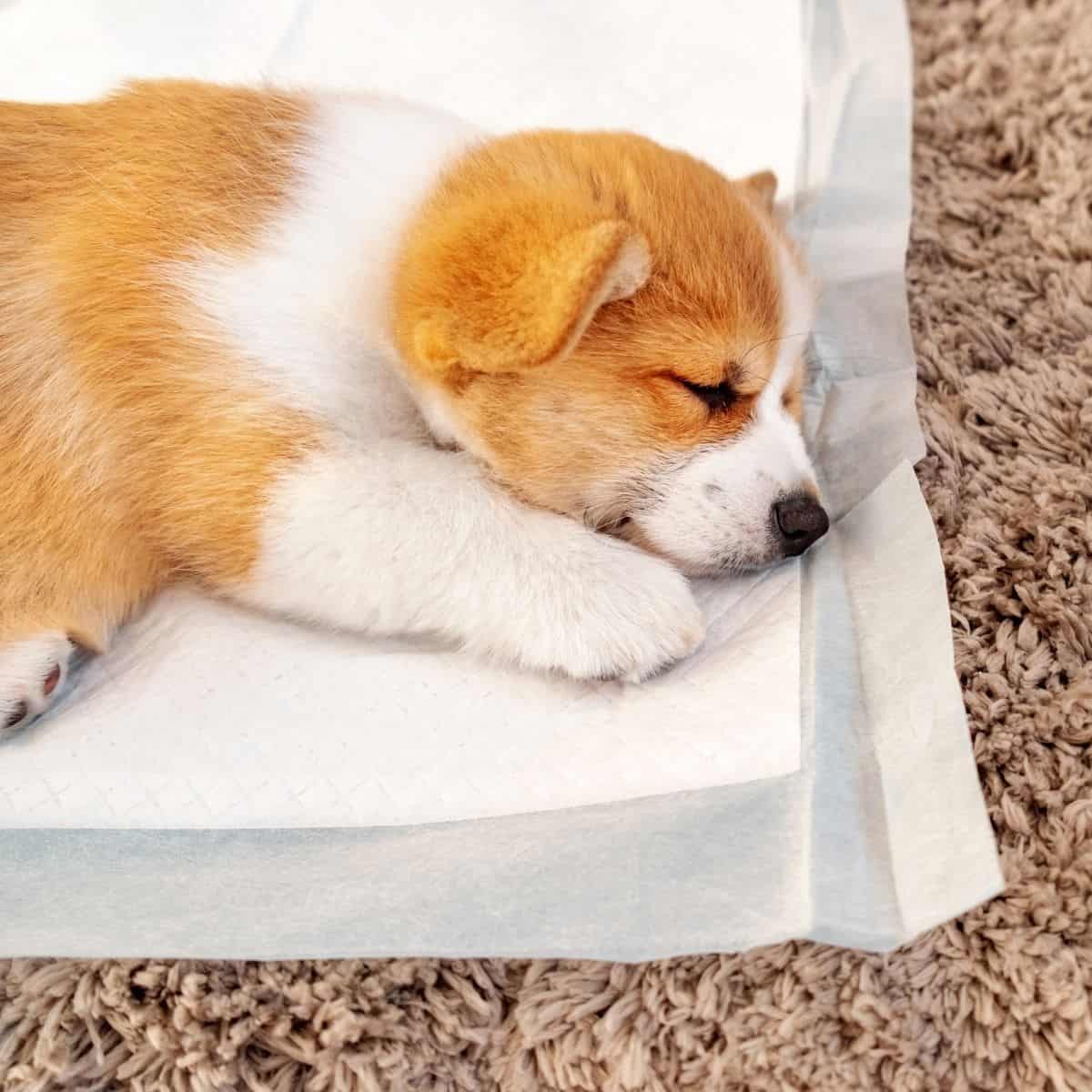 a brown and white puppy laying on their puppy potty training pad