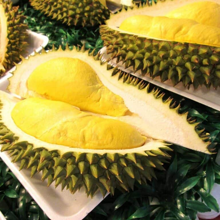 two durians cut open with the flesh and seeds showing