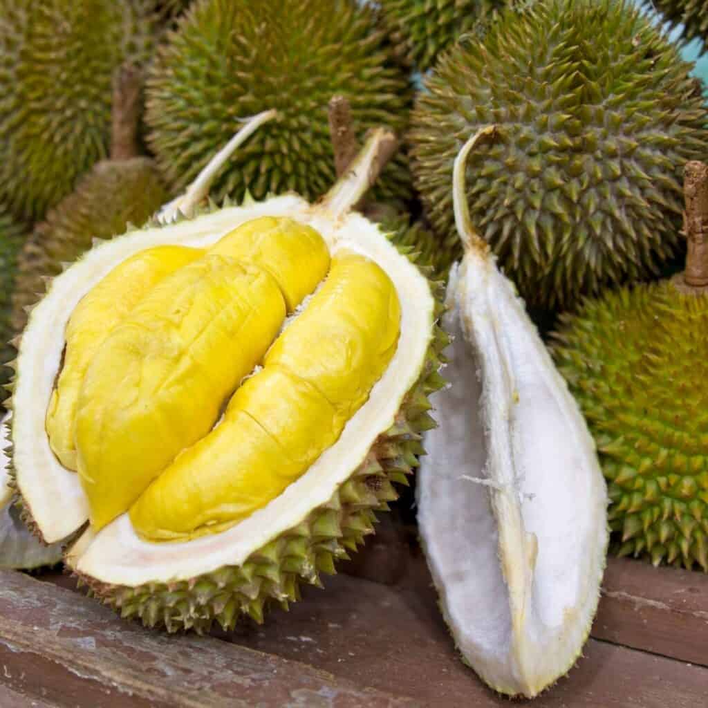 close up of a durian that has been cut open