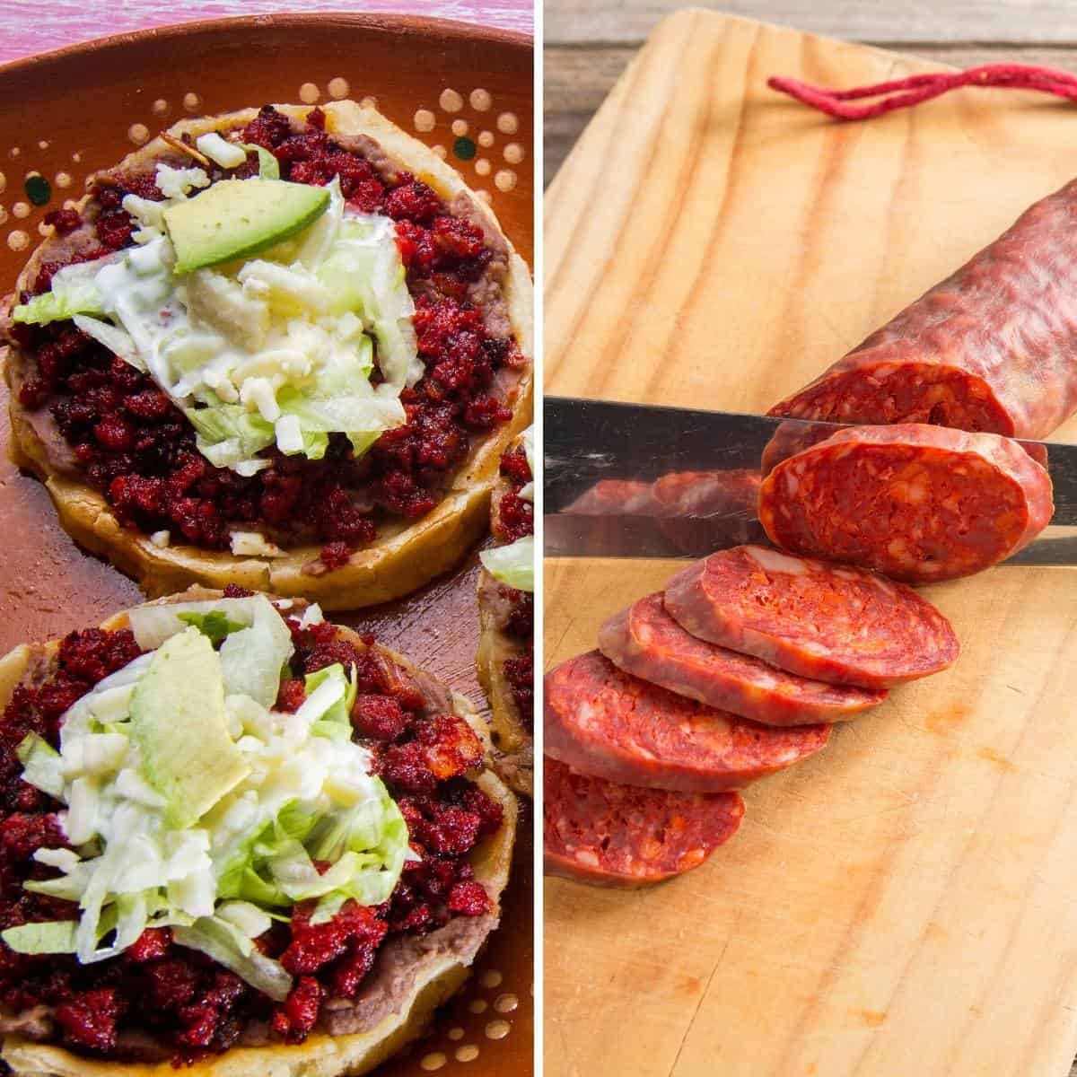 a two image collage with mexican chorizo tacos, and spanish chorizo being sliced on a cutting board